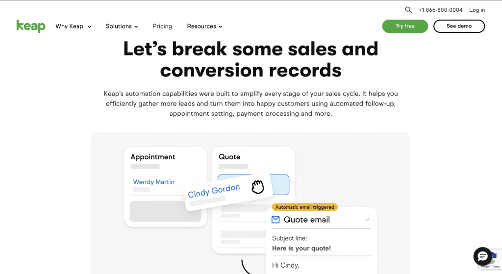 Keap's sales automation landing page overview